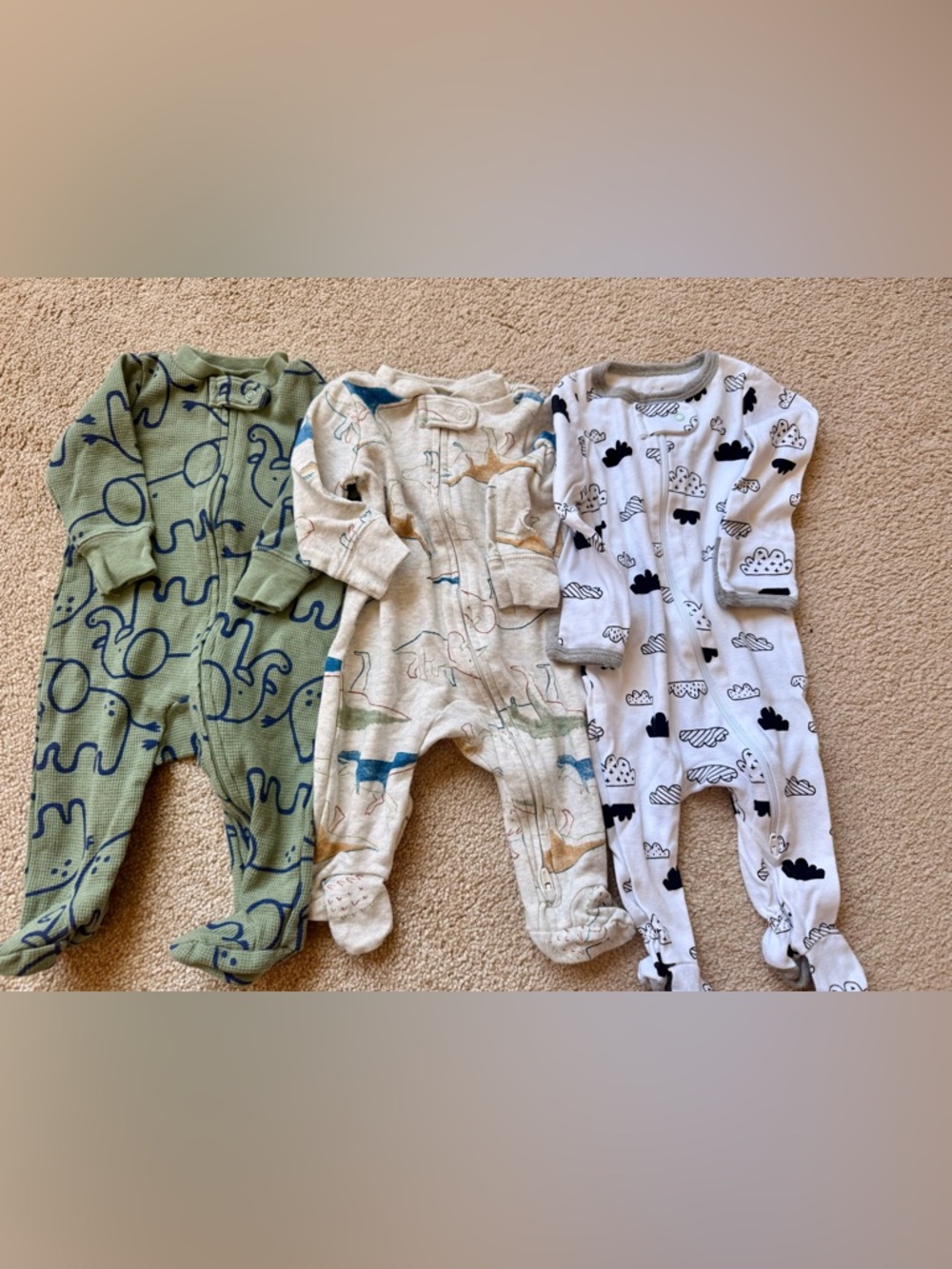 Unbranded Kids Dinosaur Print Cream One-Piece Pajamas 3 pieces